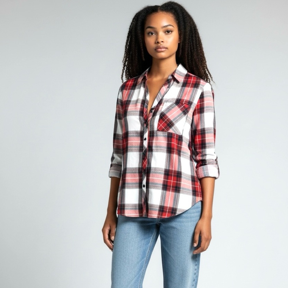 FOXCROFT Wrinkle Free Plaid Button Up  Shaped Shirt Tunic Length Cotton Blend 6
